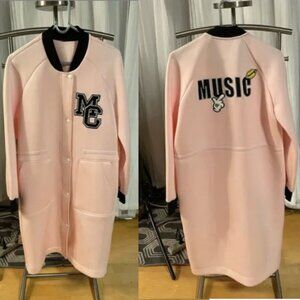 Women's Pink Varsity Long Jacket with Black Trim